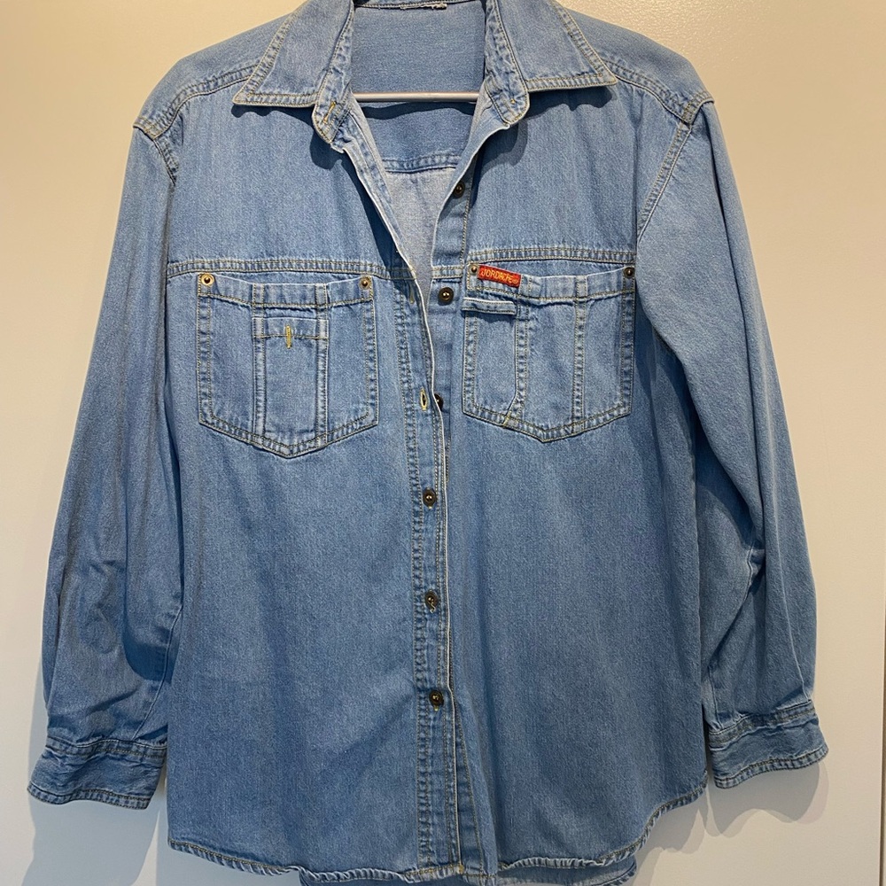 Blue Denim Button-Up Shirt, fits men’s small, $36 obo 🙂